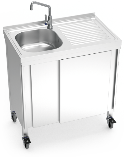 Automatic mobile sink with self-contained free standing system, cold water and right drain board added to your basket