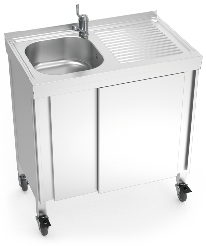 Automatic mobile sink with self-contained free standing system hot and cold water and right drain board added to your basket